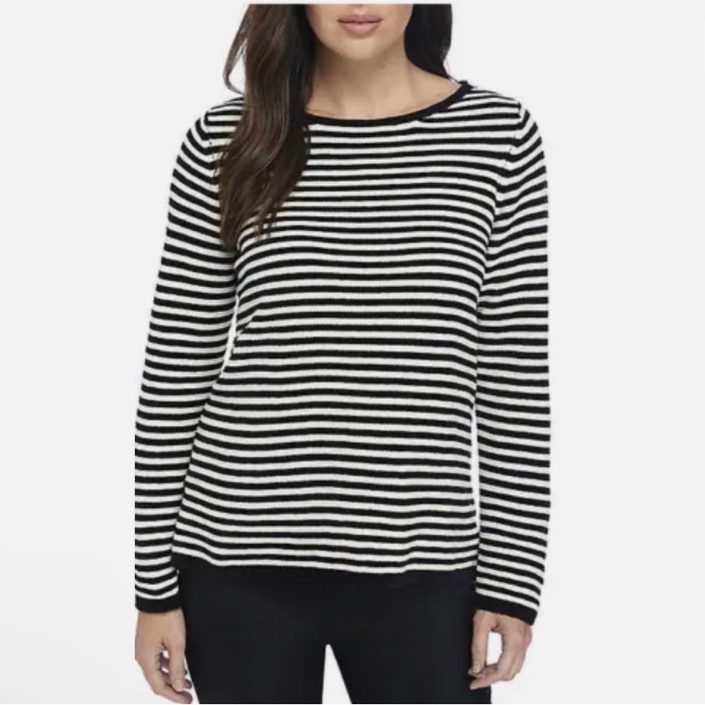 Eileen Fisher Organic Cotton Chenille Striped Bateau Neck Top Black White Large